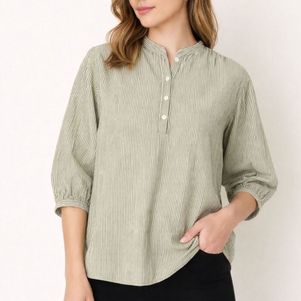 Vanessa Bruno Women’s 8 Green White Striped Blouse Cotton Puff Sleeve Casual